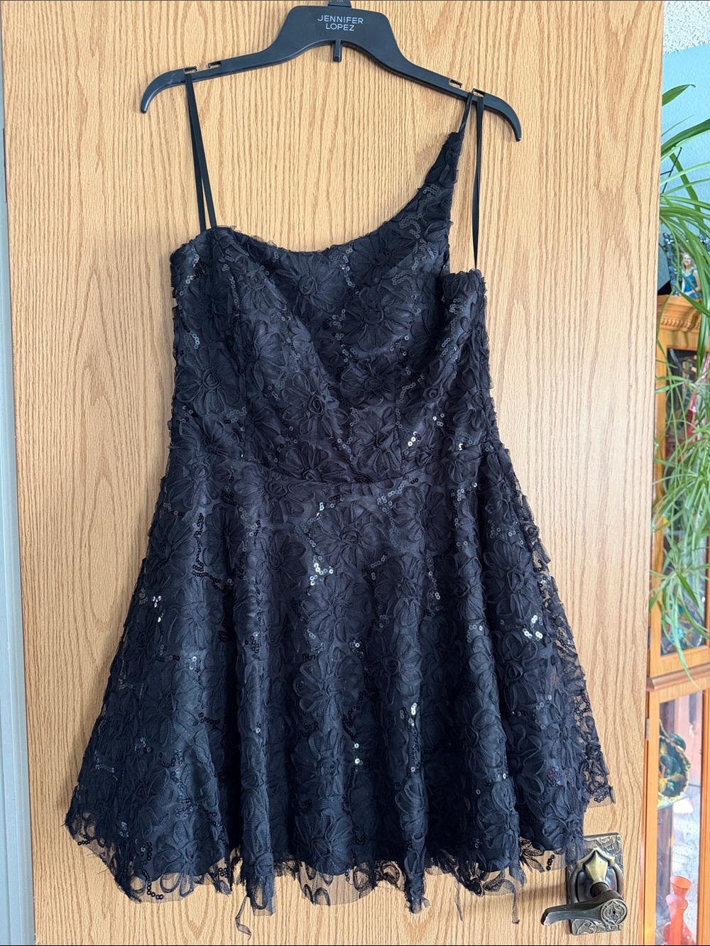 B Darlin Black One-Shoulder Lace Fit-and-Flare Dress